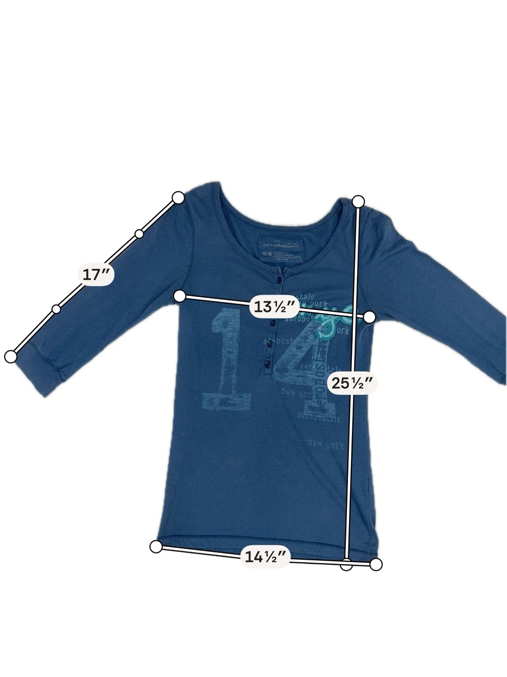 Aeropostale Women’s M blue  Henley 3/4 Sleeve Embroidered Y2K Top - Picture 6 of 8